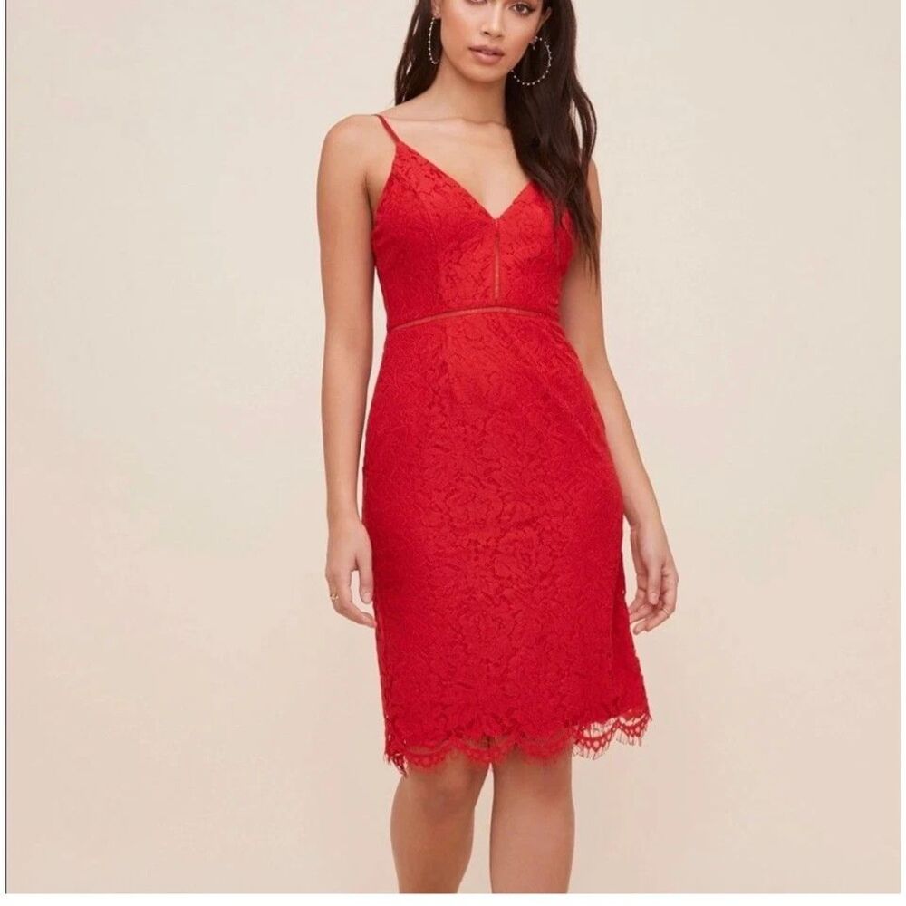 ASTR The Label Womens Red Lace V-Neck Sheath Cocktail Dress Size M